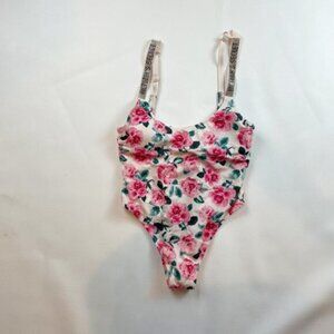 NWOT Victoria's Secret Swimsuit M One Piece Roses Shine Straps Logo Bling